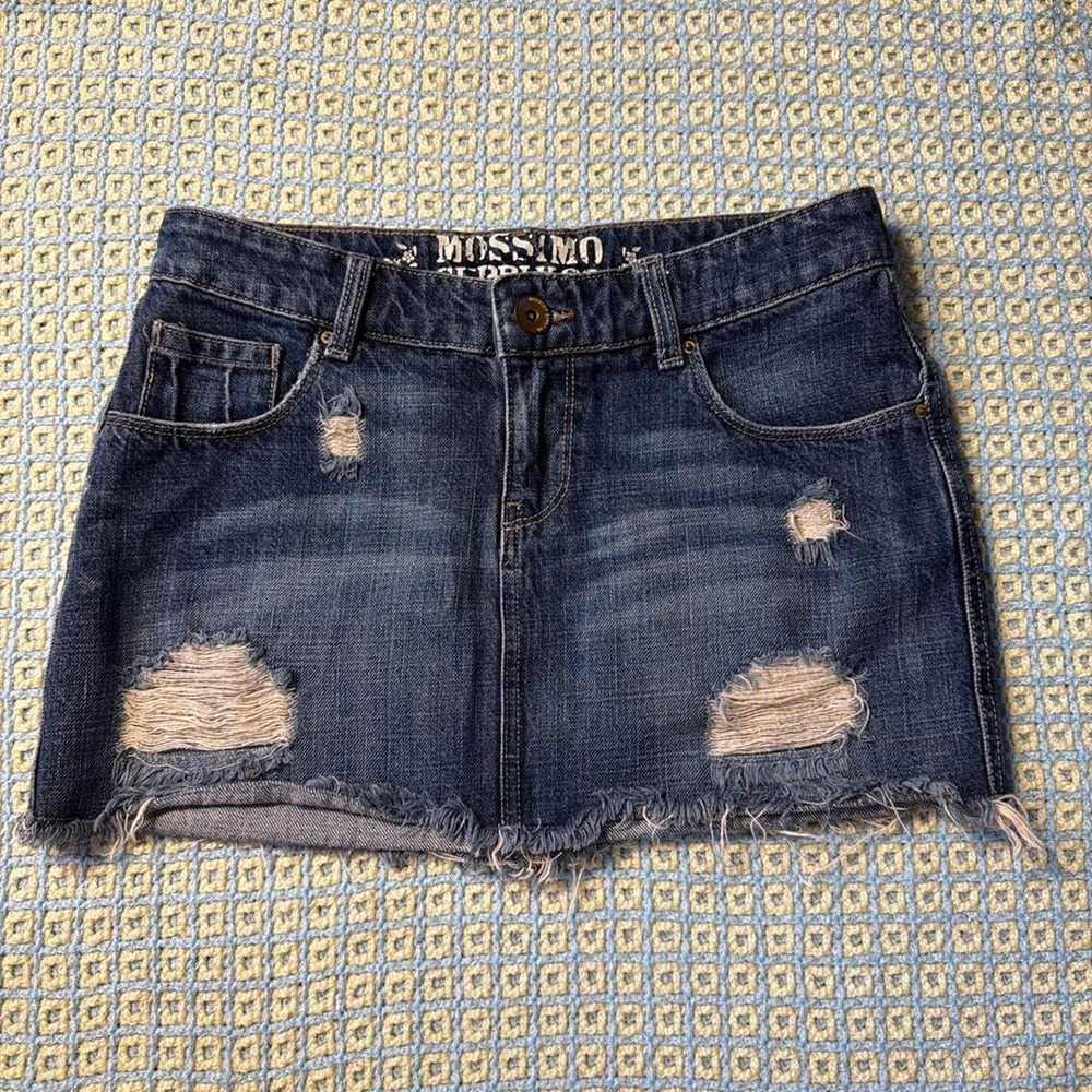 Mossimo Y2K Low Rise Distressed Denim Micro Mini Skirt Dark Wash Size 7